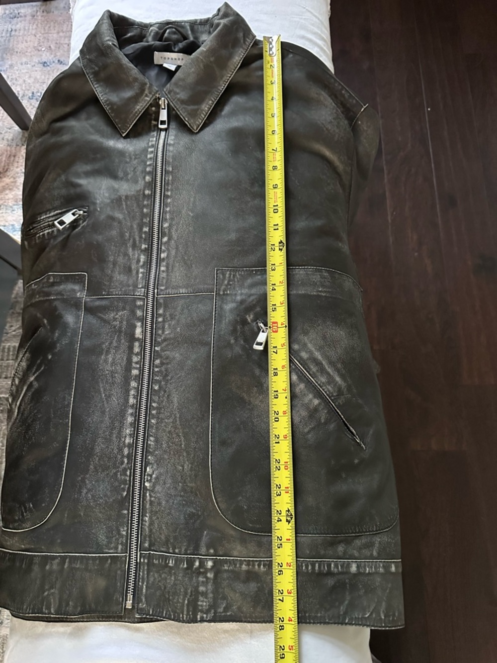 Topshop Real Leather Distressed Black Jacket Oversized Zip Utility Moto Size 12 - Picture 12 of 12
